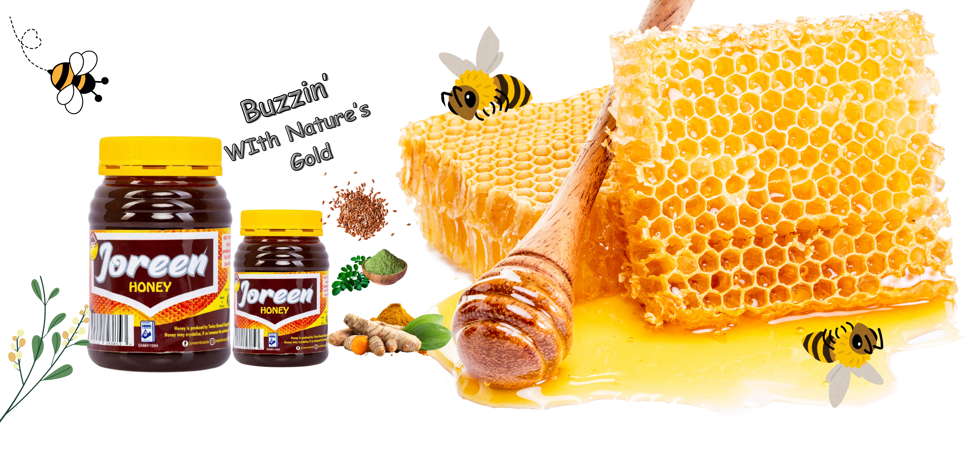 Joreen honey jars with honeycomb, bees, superfoods for wellness and nature elements on a white background